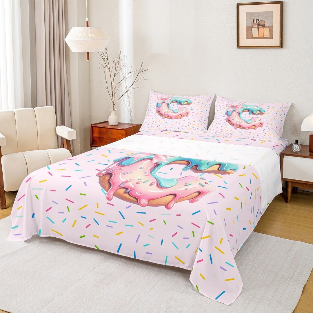 jejeloiu Personalized Gifts Doughnut Queen Sheet Sets,Letter C Flat Sheet,Colorful Bowknot Queen Fitted Sheet For Child,Lightweight Room Decoration,4 Pieces