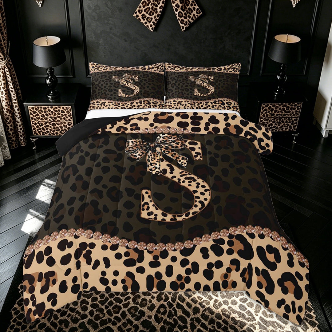 meiyoeat Fashion Leopard S Letter Full Size Comforter Sets for Women Girls, Cheetah Print Bow Bedding Comforter Set, Brown Black, Black Reversible, 3-Piece, 1 Comforter and 2 Pillowcases