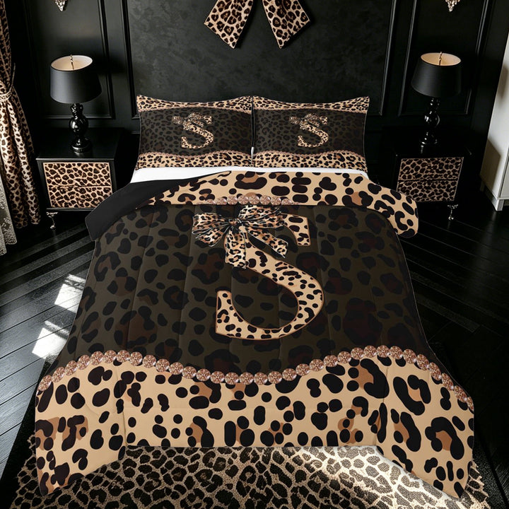 meiyoeat Fashion Leopard S Letter Full Size Comforter Sets for Women Girls, Cheetah Print Bow Bedding Comforter Set, Brown Black, Black Reversible, 3-Piece, 1 Comforter and 2 Pillowcases