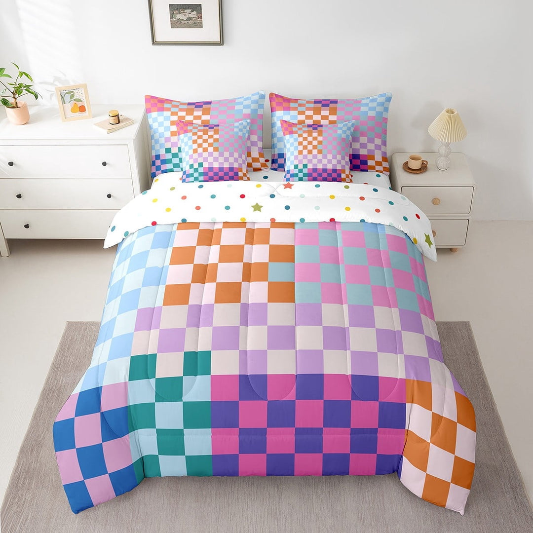 Erosebridal Checkered Gingham Bed in a Bag Twin size, Colorful Buffalo Bed Set, Rectangle Geometry Decor, Reversible