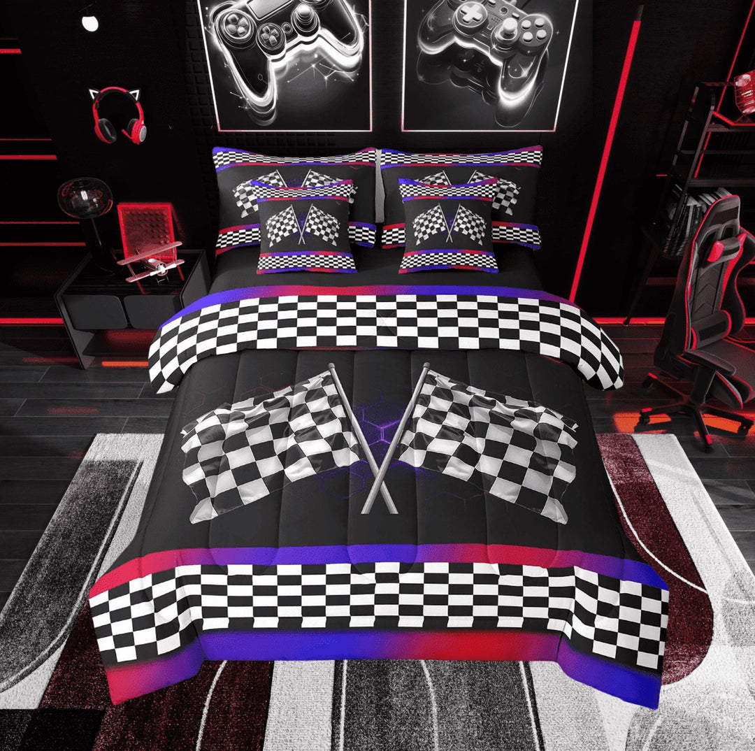Erosebridal Race Gamer Bed in a Bag Twin size, Racing Car Bed Set, Geometry Stripes Decor, Reversible 7 Pieces