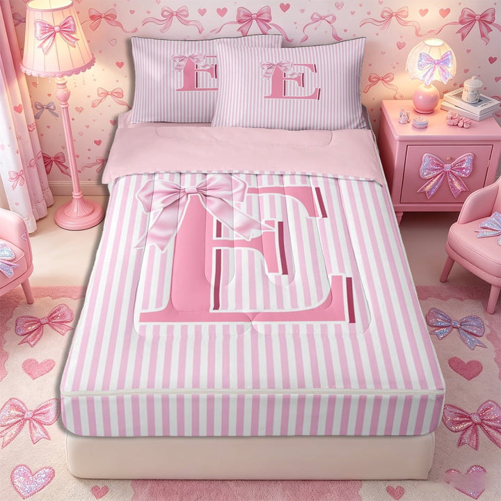 Meiyoeat Sweet Bow Letter E Zipper Twin Comforter Sets with Fitted Sheet and 2 Pillowcases for Girls Children, Cute Stripe Zipper Bedding Set, Light Pink White,4-Piece,Pink Reversible