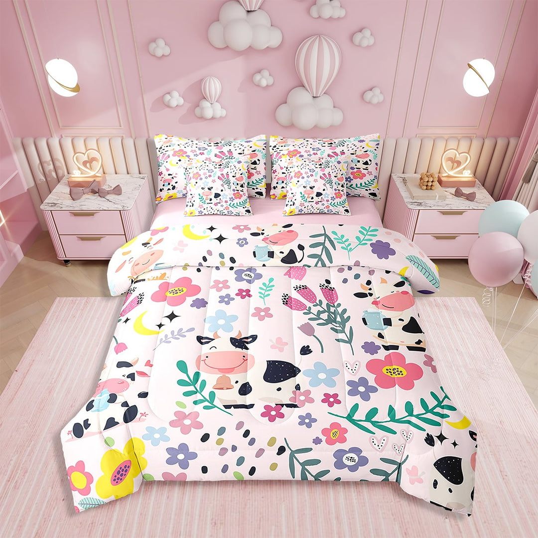 Comforters Twin Size Set with Sheets Floral Milk Cow - 7 Pieces Bed in a Bag Twin Farm Animal Beddding Sets with Comforter, Sheets, Pillowcases &amp; Shams