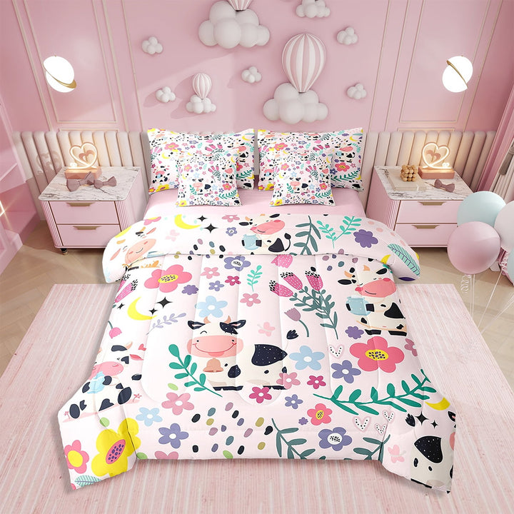 Comforters Twin Size Set with Sheets Floral Milk Cow - 7 Pieces Bed in a Bag Twin Farm Animal Beddding Sets with Comforter, Sheets, Pillowcases &amp; Shams