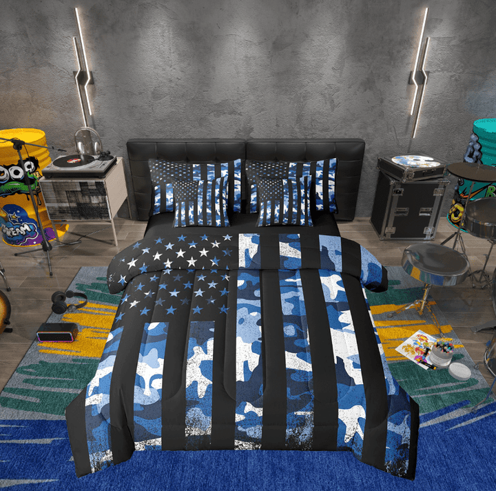 Erosebridal Blue Camo Bedding Sets Twin Size, Vintage US Flag Comforter Sets with Sheets, Army Camouflage Decor, Reversible 7pcs