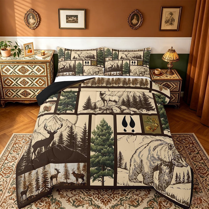 Manfei Deer Bear Moose Twin Comforter Sets, Wild Animal Rustic Cabin Country Tree Mountain Bedding Set Reversible 2 Pieces