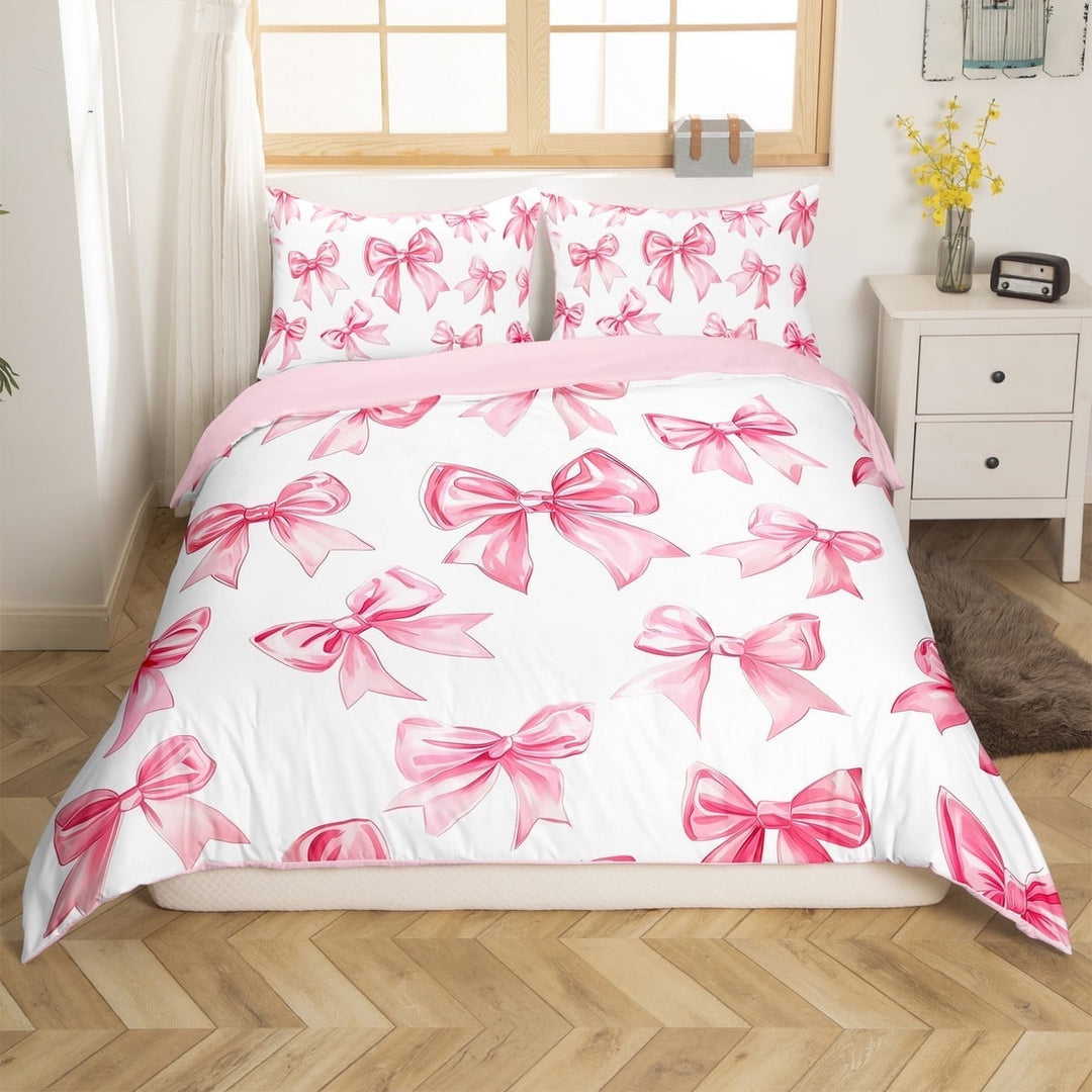 Kawaii Bowknot Bedding Set Dreamy Princess Style Duvet Cover Full Teen Women,Girly Cute Bow Comforter Cover Pink Bow Tie Bedspread Cover Bedroom Decor 2 Pillow Cases