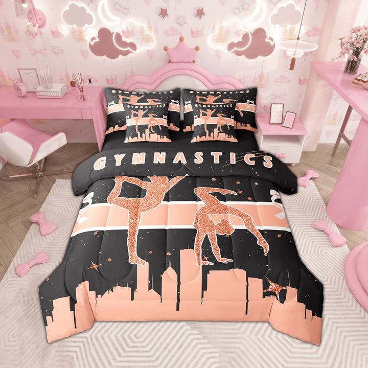Sport Bedding Full Size 7-Piece Gymnast Comforter Set, Gymnastics Dance Bedding Comforter Sets Black Girly Dusty Pink Bed in a Bag, Sequin Glitter Sparkle Bling Bedding Accessories