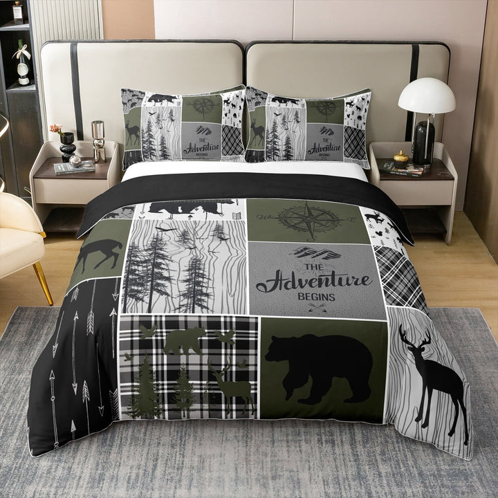 Rustic Farmhouse Bedding Set Full, Hunting Bear Deer Comforter Cover Cabin Lodge Decor, Vintage Wooden Board Retro Duvet Cover Buffalo Plaid Western Country Bedspread Cover Teens,Grey Black