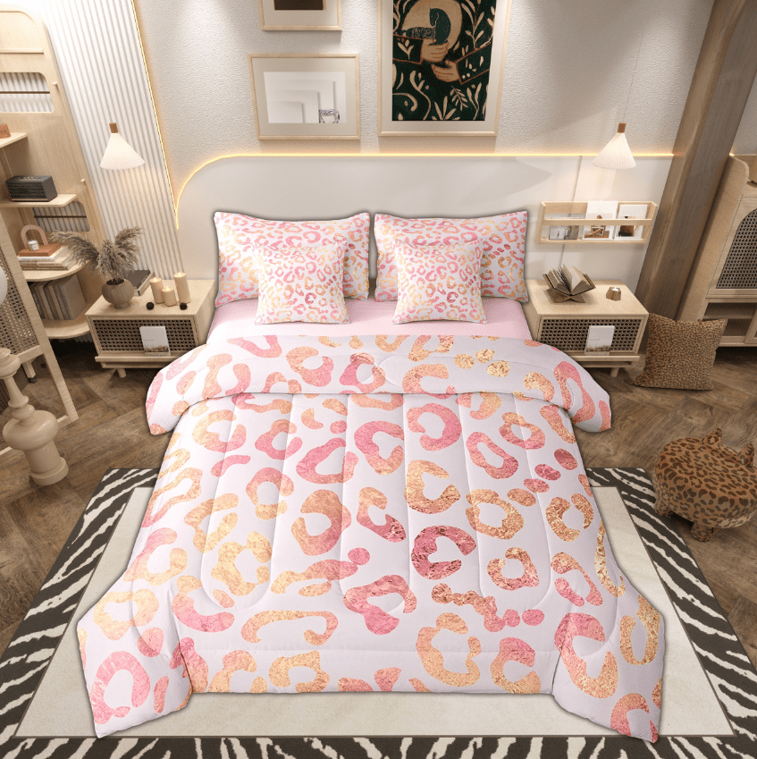 Erosebridal Pink Animal Print Bed in a Bag Twin size Women, Leopard Cheetah Comforter Sets with Sheets, Reversible 7pcs