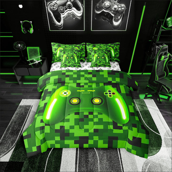 Erosebridal Video Game Bedding Sets Twin Size,Green Yellow Comforter Sets with Sheets,Teen Bedroom Decor,Reversible,Lightweight,7-Piece