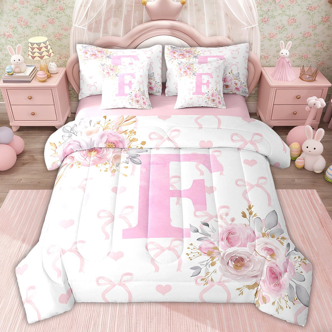 Erosebridal Monogrammed Bedding Twin Size for Girl, Pink Rose Bed in a Bag Twin size, Initial Letter F Decor, Reversible 7pcs
