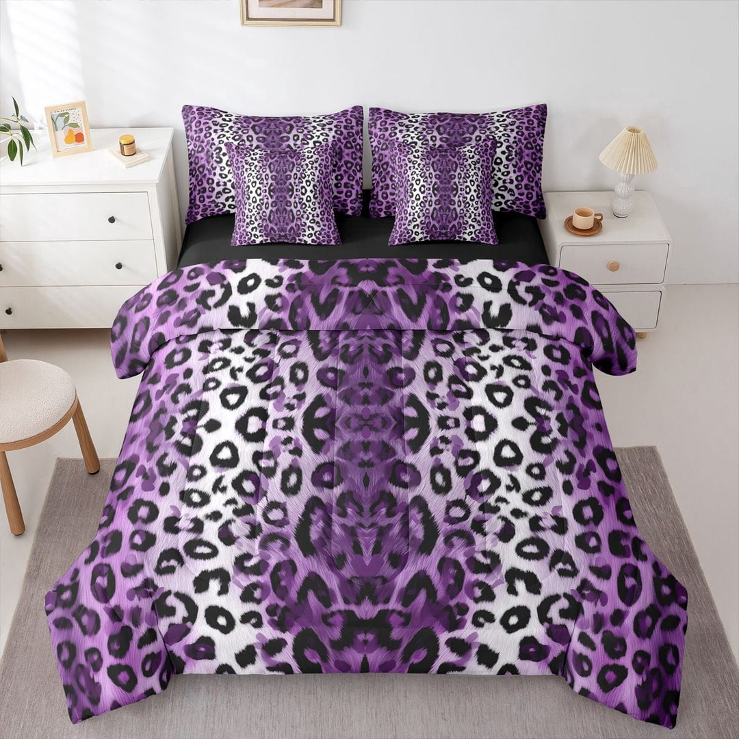 Erosebridal Black Purple Cheetah Print Bedding Comforter Set 7-Piece For Teens Adults,Abstract Animal Print King Bedding Sets,Black Reversible