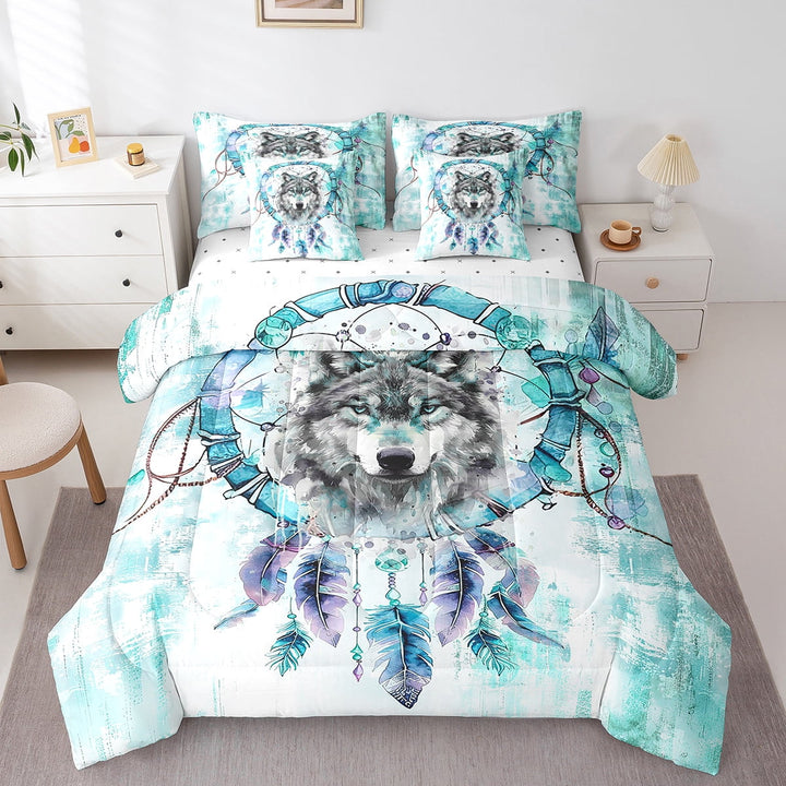 Safari Wolf King Comforter Set 7 Pieces Animal Bedding Comforter Sets,Bohemian Dreamcatcher Bed in a Bag Teal Ombre Bedding Set,Tribal Feather Bed Sheets Set