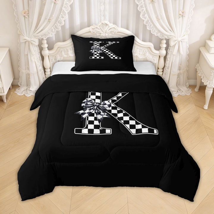 Erosebridal Checkered Bow Letter K Twin Comforter Sets for Girls, Black White Ribbon Bedding Set, Black Reversible, 2pcs