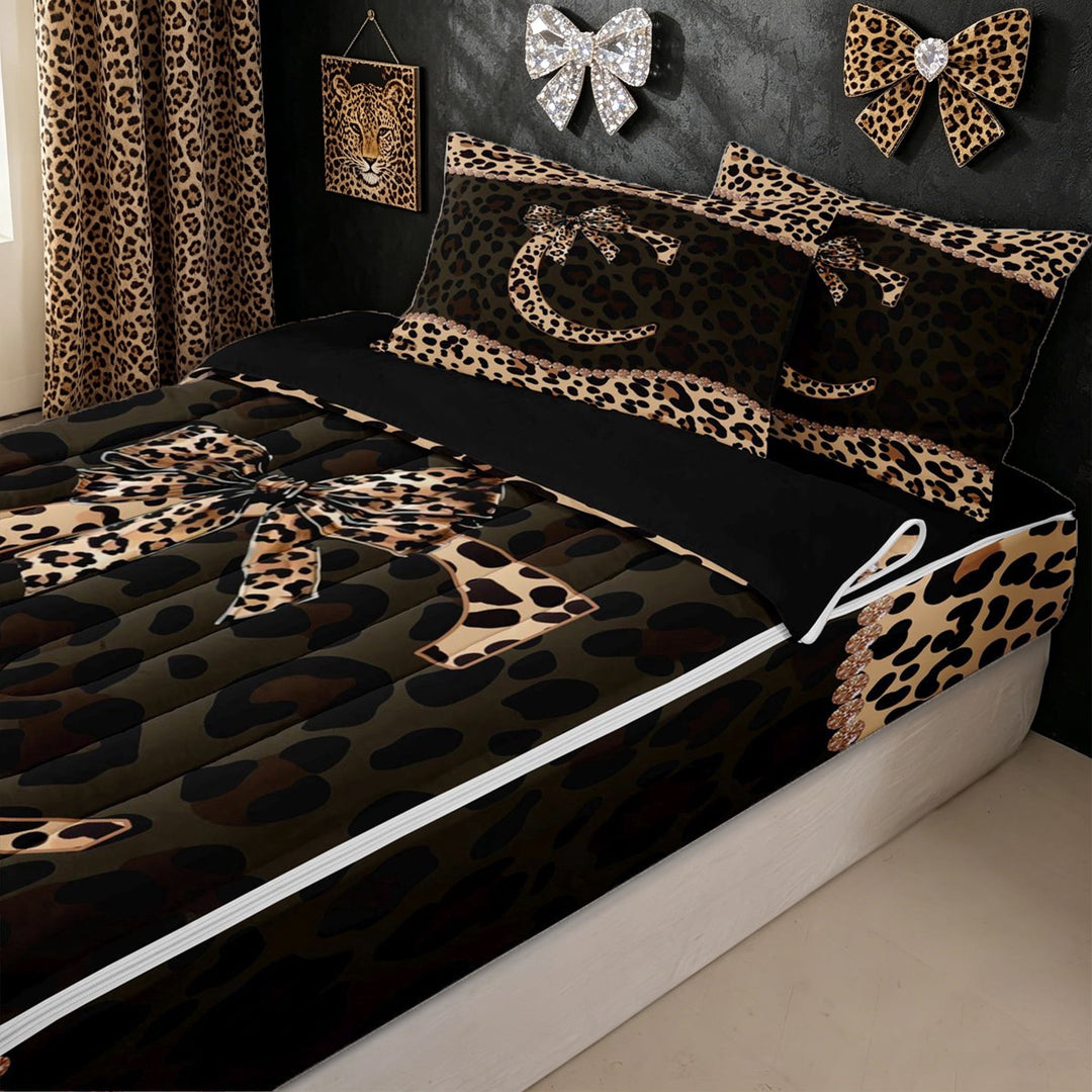meiyoeat Fashion Leopard C Letter Zipper Twin Comforter Sets with Fitted Sheet and 2 Pillowcases for Women Girls, Cheetah Print Bow Zipper Bedding Set, Brown Black, Black Reversible, 4 Pieces