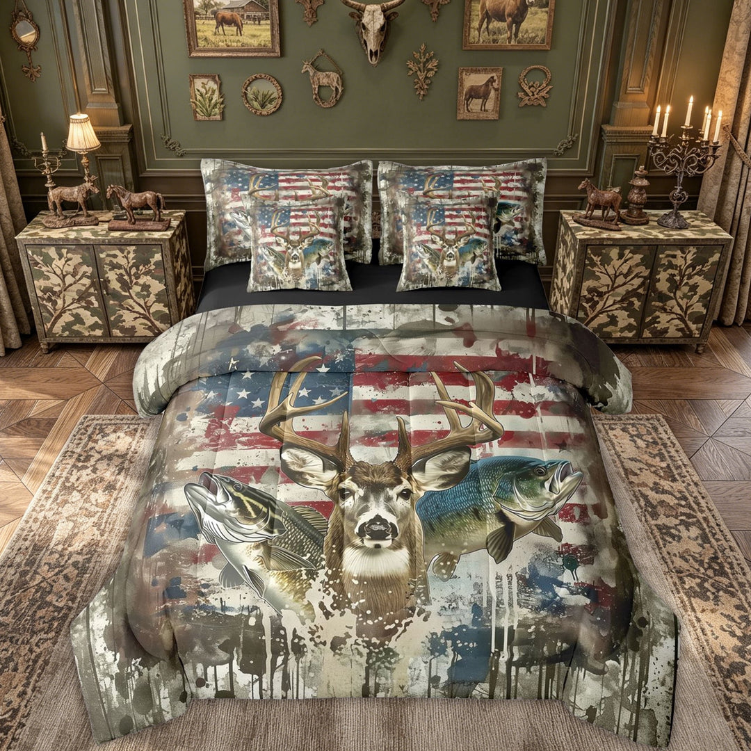 meiyoeat Watercolor Ink Deer Bass Fish Full Size Bedding Sets for Men, Forest Animal US Flag Full Size Bed in a Bag, Beige, Black Reversible, 7pcs