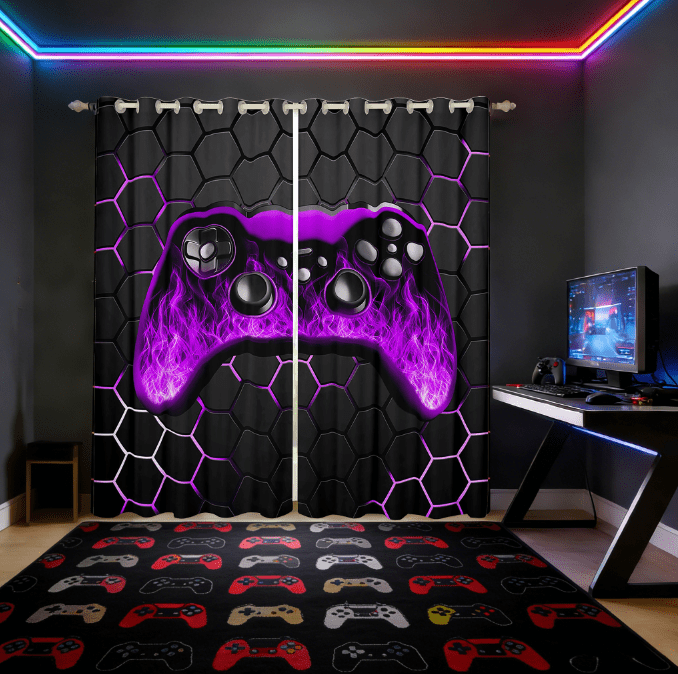 Manfei Neon Gamepad Curtains and Drapes (38x45),Modern Geometric Honeycomb Blackout Curtains for Bedroom,Pueple Black Curtains Pack of 2 (38x45) For Boys Kids,Super Cozy Bedroom Decor