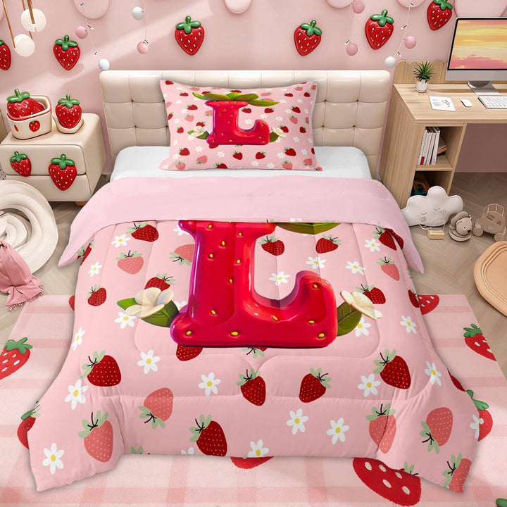 Erosebridal Pink Floral Strawberry Twin Comforter Sets for Kids, Girls Princess Letter L Bedding Set, Pink Reversible, 2 Pieces
