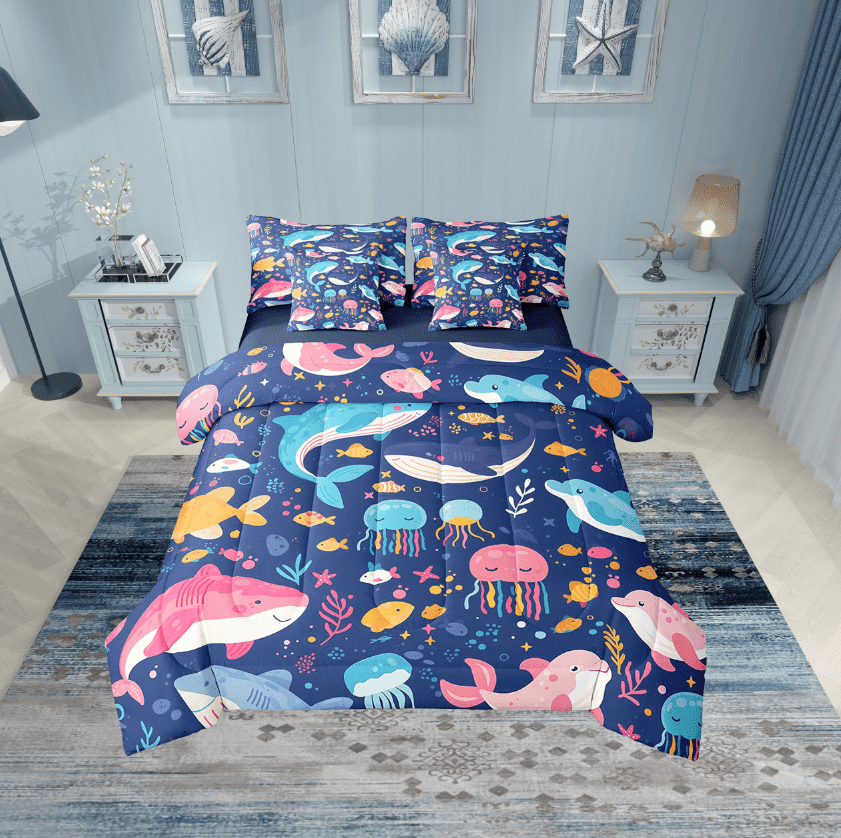 Erosebridal Kawaii Whale Bedding Sets Twin Size, Cute Jellyfish Comforter Sets with Sheets, Cartoon Sealife Reversible Bed Set, Super Cozy Room Decorative, 7pcs