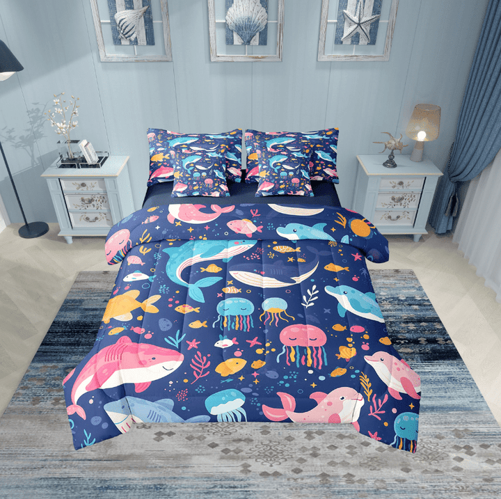 Erosebridal Kawaii Whale Bedding Sets Twin Size, Cute Jellyfish Comforter Sets with Sheets, Cartoon Sealife Reversible Bed Set, Super Cozy Room Decorative, 7pcs