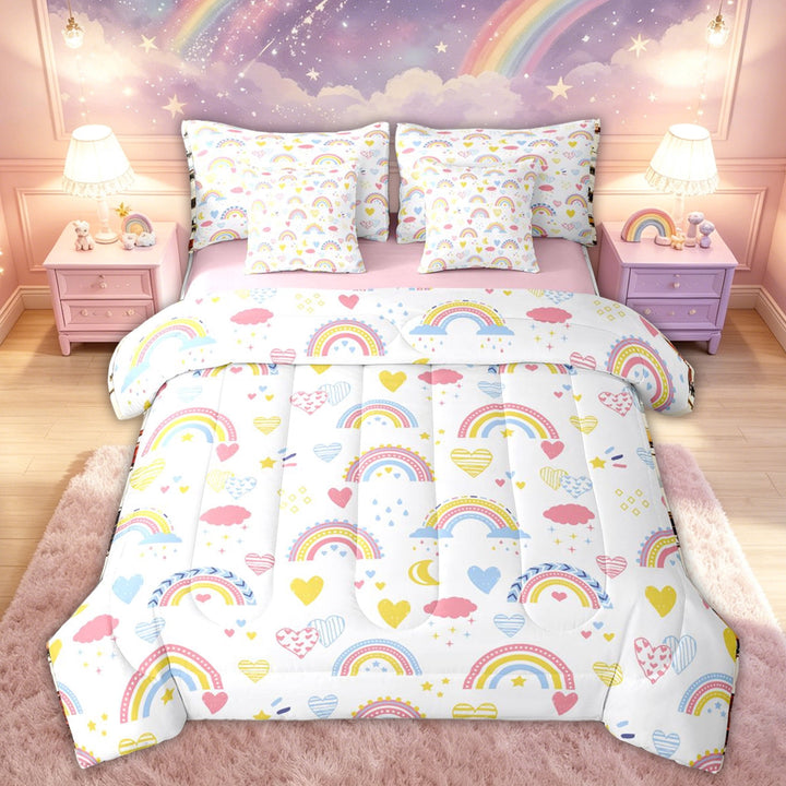 meiyoeat Cartoon Sky Rainbow Full Size Bedding Sets for Kids Girls, Love Heart Cloud Full Size Bed in a Bag for Bedroom, Pink White, Pink Reversible, 7-Piece