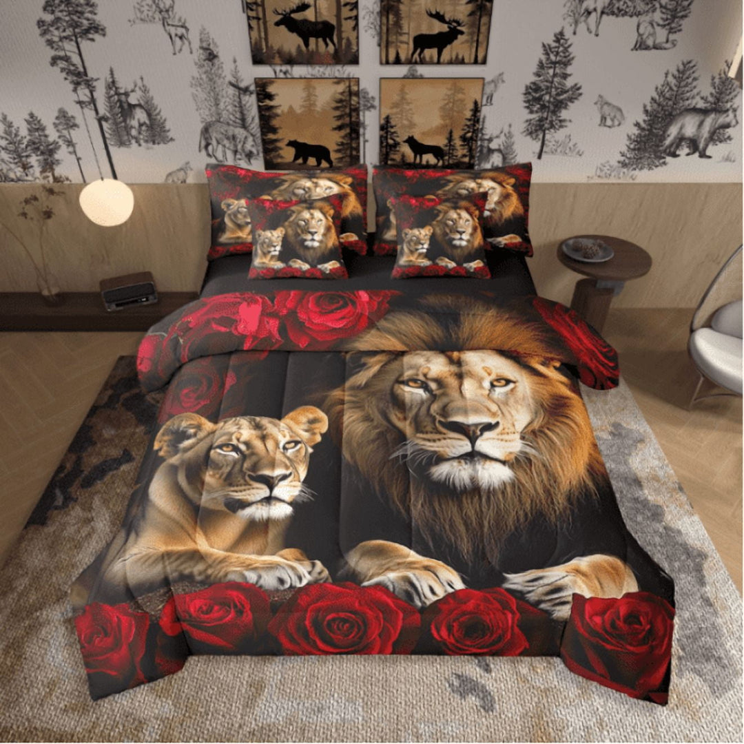 Lion Bed in a Bag Queen Comforter Set 7 Piece,Red Rose Sheet Set with Comforter,Western Bedding Sets,African Animals Bed Set Wildlife Flowers Room Decor