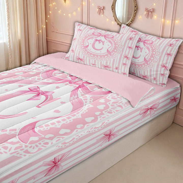 meiyoeat Preppy Letter C Zipper Full Size Comforter Sets with Fitted Sheet and 2 Pillowcases for Kids Girls, Princess Bow Lace Zipper Bedding Set for Bedroom, Pink White, Pink ReversibleG