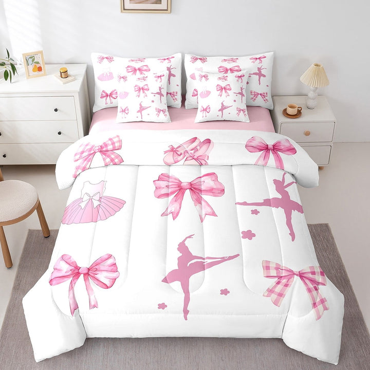 Erosebridal Pink Bowknot Bedding Sets Twin Size,Dance Ballet Comforter Sets with Sheets,Dreamy Princess Bed in a Bag Twin size,Lightweight Kawaii Room Decor,Reversible,7pcs