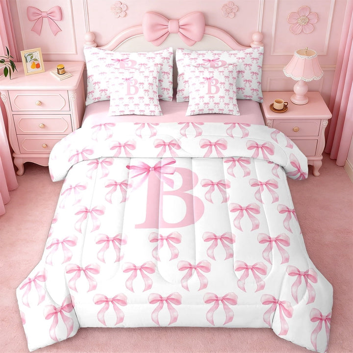 Erosebridal Princess Bow 7-Piece Twin Bedding Sets For Kids,Girls Pink Letter C Monogrammed Bedding Comforter Set,Pink Reversible