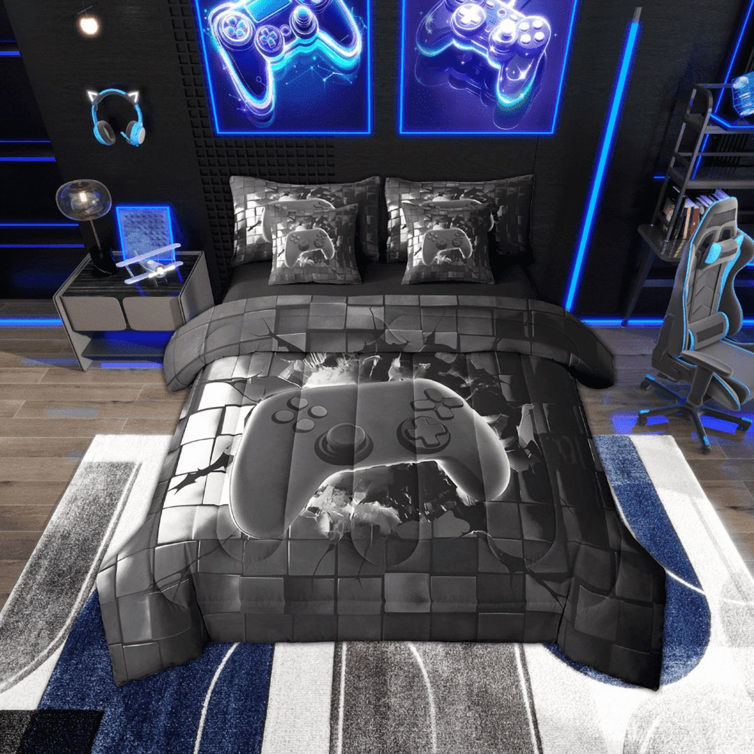 Erosebridal Video Game Bedding Sets Twin Size,Geometric Plaid Comforter Sets with Sheets,Gradient Gamepads Bed in a Bag Twin size,Lightweight Buffalo Room Decorative,Reversible,7-Piece