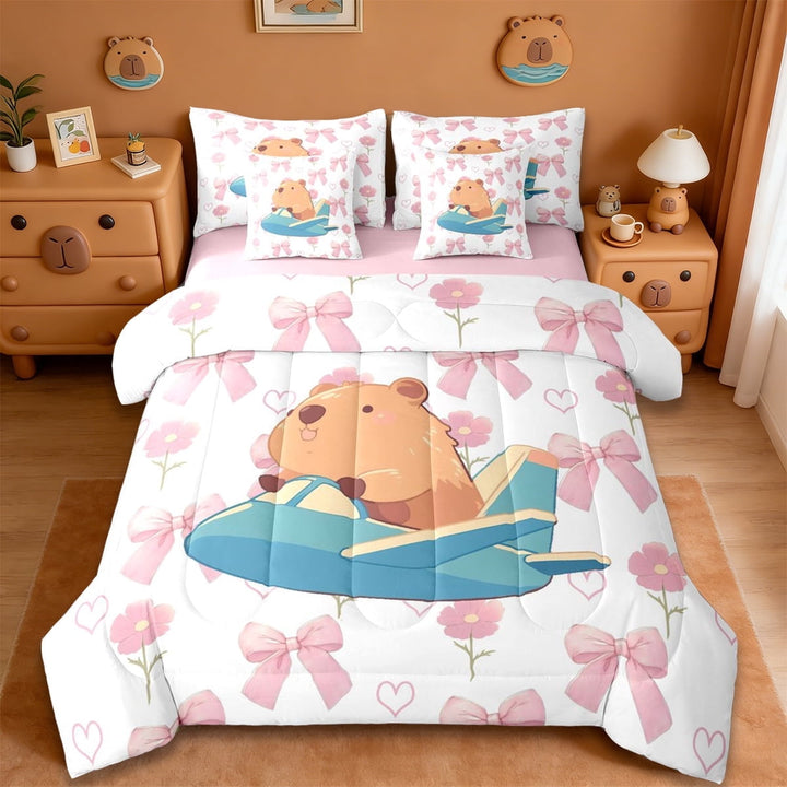 Erosebridal Funny Capybara 7-Piece Twin Bedding Sets,Blue Aircraft Airplane Bedding Comforter Set For Capybara Lovers ,Reversible Pink