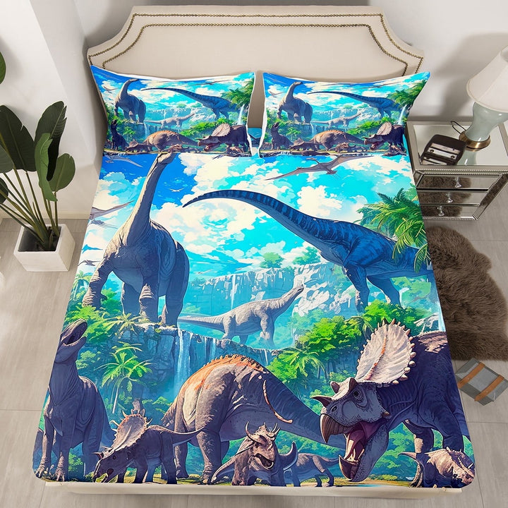 Dinosaurs Bed Sheets Queen,3D Dino Bedding Set Dinosaurios Reptile Jungle Animal Fitted Sheet,Tropical Trees Pterosaur Triceratops Tyrannosaurus Rex Room Decor