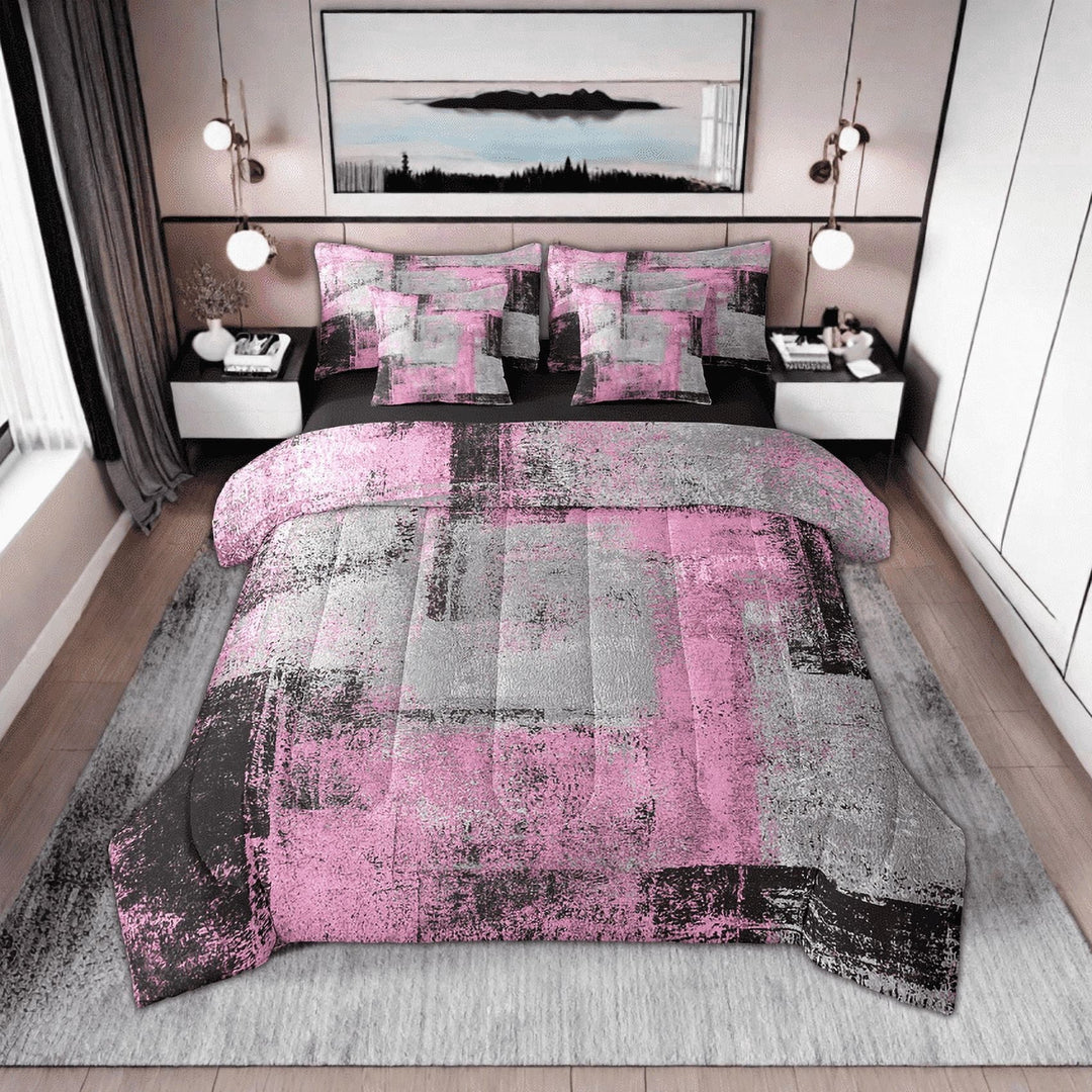 Pink And Grey Comforter Set Full 7 Piece Bed In A Bag Pink Gray Black Watercolor Ombre Bedding Set With Sheets Grunge Abstract Bedding Comforter Sets Hippie Oil Painting Bed Set