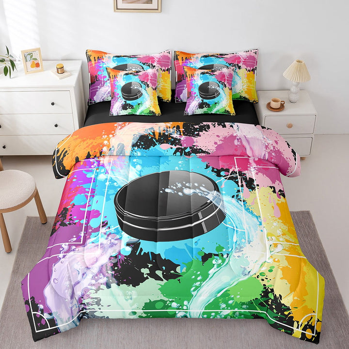 Ice Hockey 7 Piece Comforter Set Twin Bed in a Bag,Hockey Ball Games Bedding Sets Puck Ice Hockey Rink Rainbow Gradient Tie Dye Pastel Sheet Set With Comforter