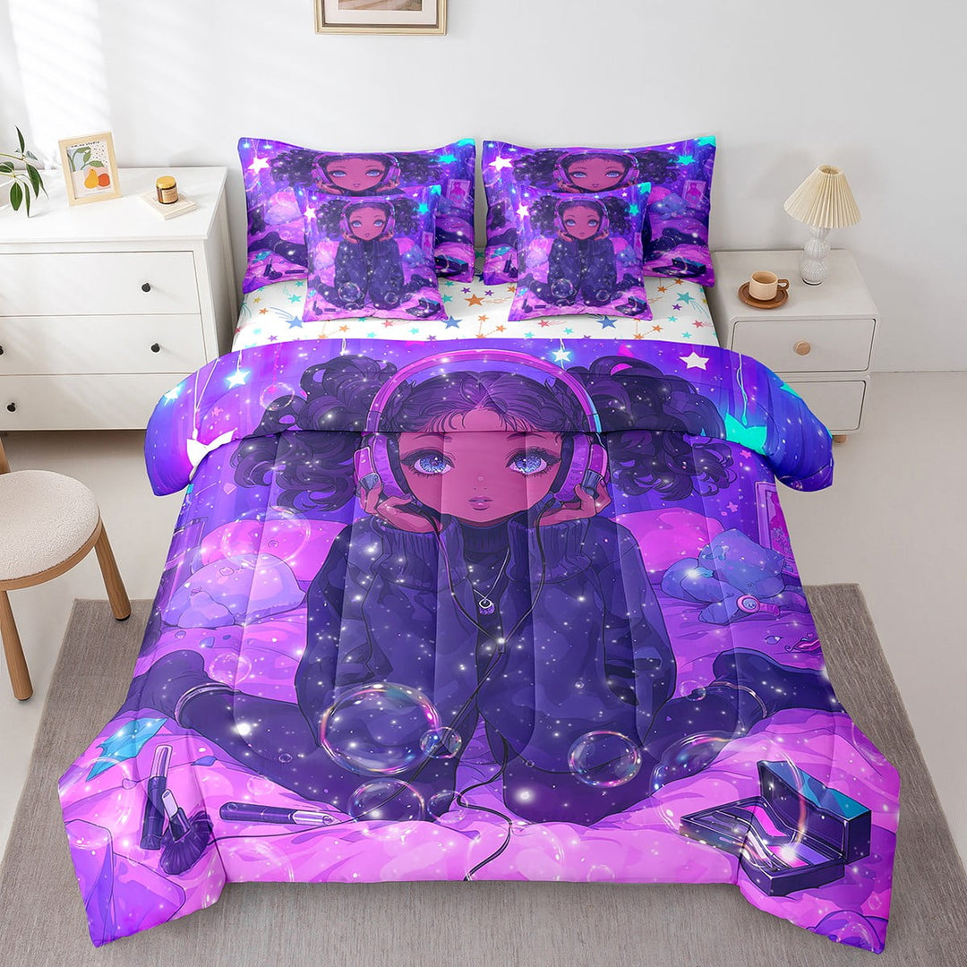 Erosebridal Black Princess Comforter Set 7 Piece American African Full Bedding Sets Reversible Colorful Stars Bed In A Bag Teen Women Purple Blue Aesthetics Bed Set