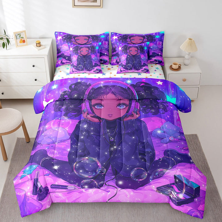 Erosebridal Black Princess Comforter Set 7 Piece American African Full Bedding Sets Reversible Colorful Stars Bed In A Bag Teen Women Purple Blue Aesthetics Bed Set