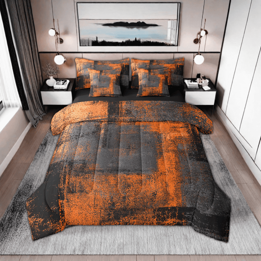7 Piece Bed In A Bag Queen Retro Black Dark Grey Orange Abstract Bedding Set With Sheets For Adults Men Grunge Ombre Graffiti Comforter Set Modern Oil Painting Art Bedding Comforter Sets