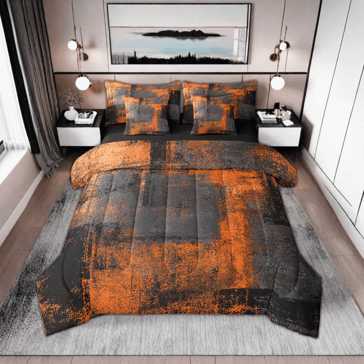7 Piece Bed In A Bag Queen Retro Black Dark Grey Orange Abstract Bedding Set With Sheets For Adults Men Grunge Ombre Graffiti Comforter Set Modern Oil Painting Art Bedding Comforter Sets