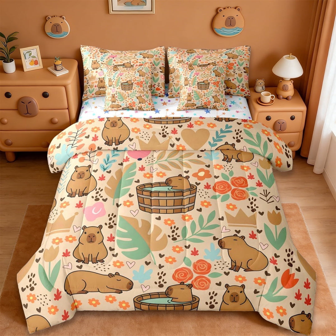 Erosebridal Cartoon Capybaras 7-Piece Twin Bedding Sets,Funny Mouse Tropical Monstera Leaf Bedding Comforter Set For Capybara Lovers Reversible