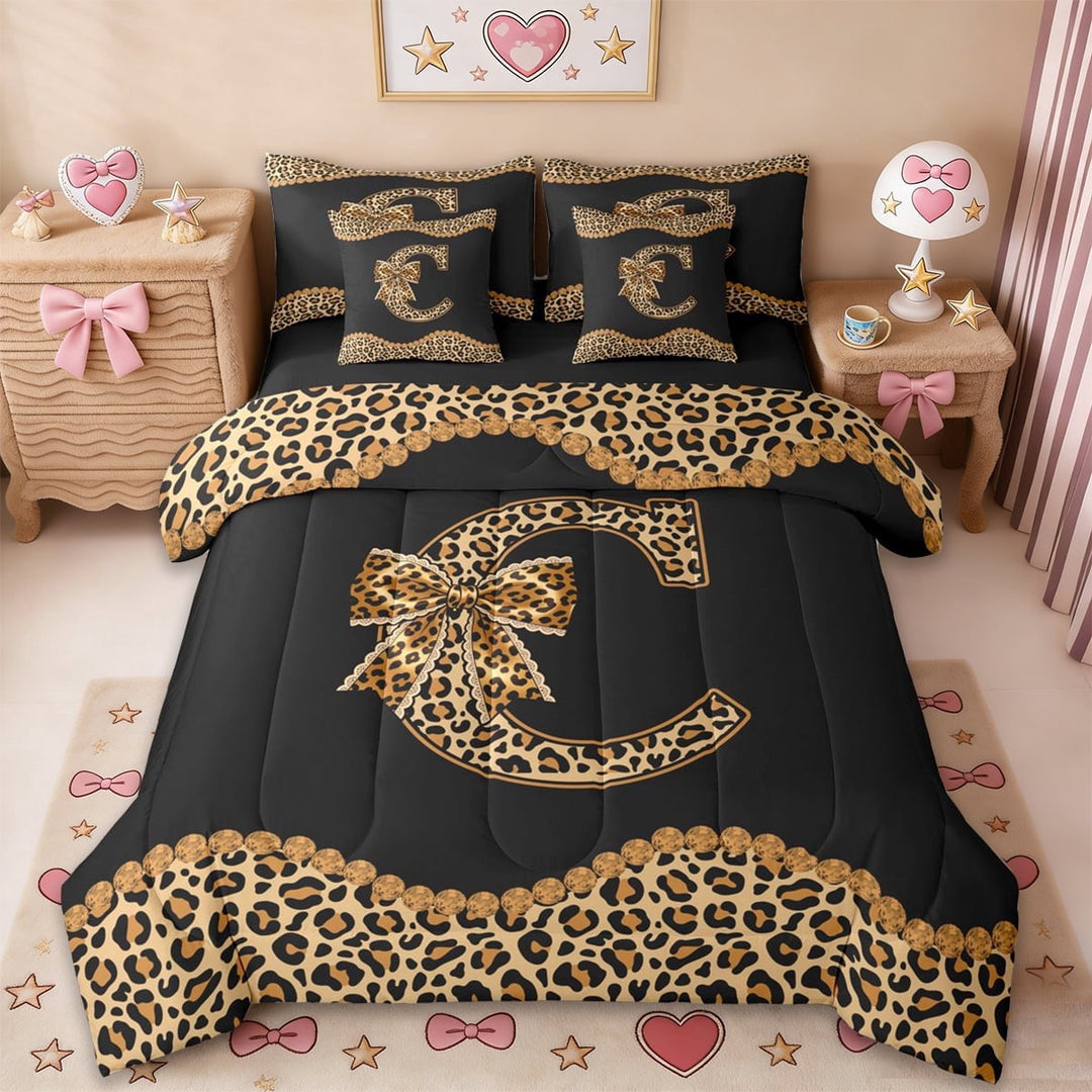 Erosebridal Leopard Pattern Bowknot 7-Piece Twin Bedding Sets,Brown Letter C Monogrammed Bedding Comforter Set For Girls Kids,Black Reversible