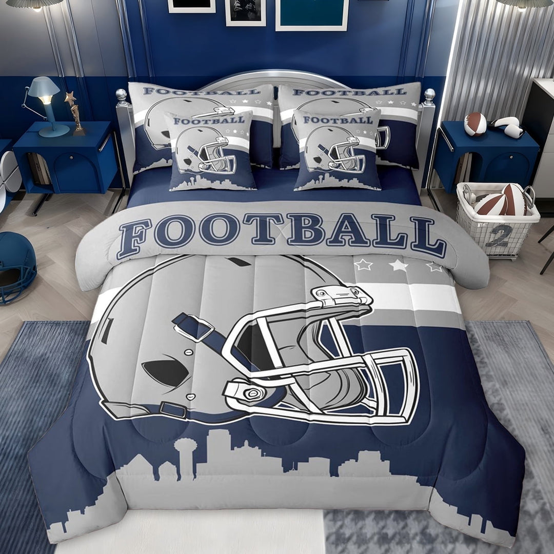 jejeloiu Rugby Ball Helmet 7-Piece Twin Bedding Sets,Gray Deepblue Bedding Comforter Set For Football Gamer Reversible