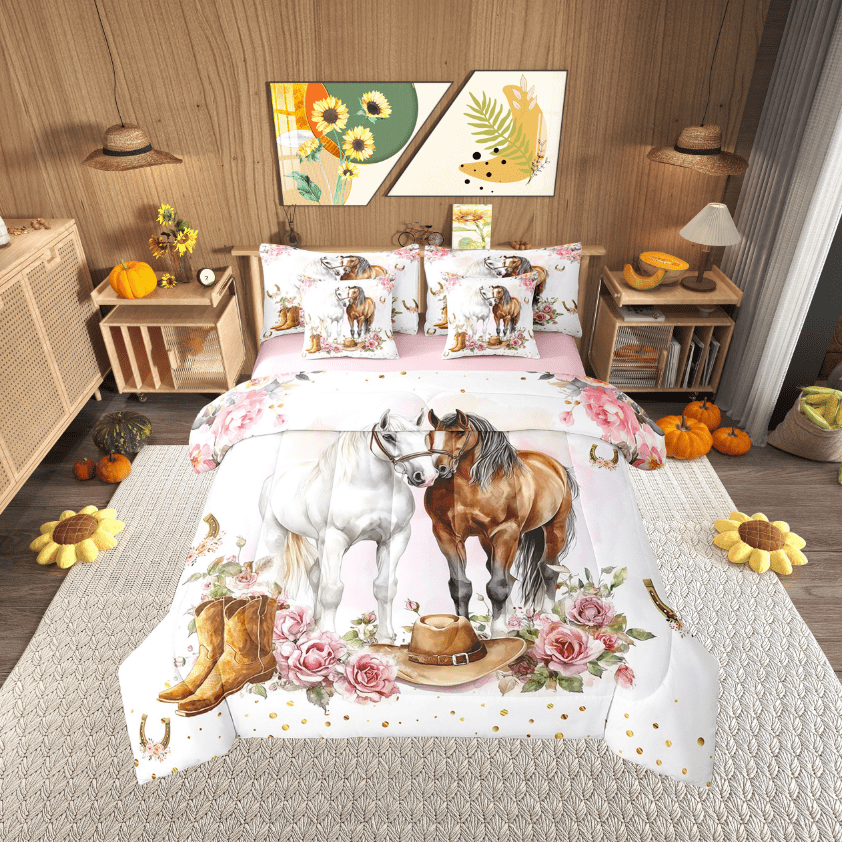 Erosebridal Animal Horse Bedding Sets Twin Size,Western Cowgirl Comforter Sets with Sheets,Pink Flower Bed in a Bag Twin size,Lightweight Female Bedroom Decor,Reversible,7pcs