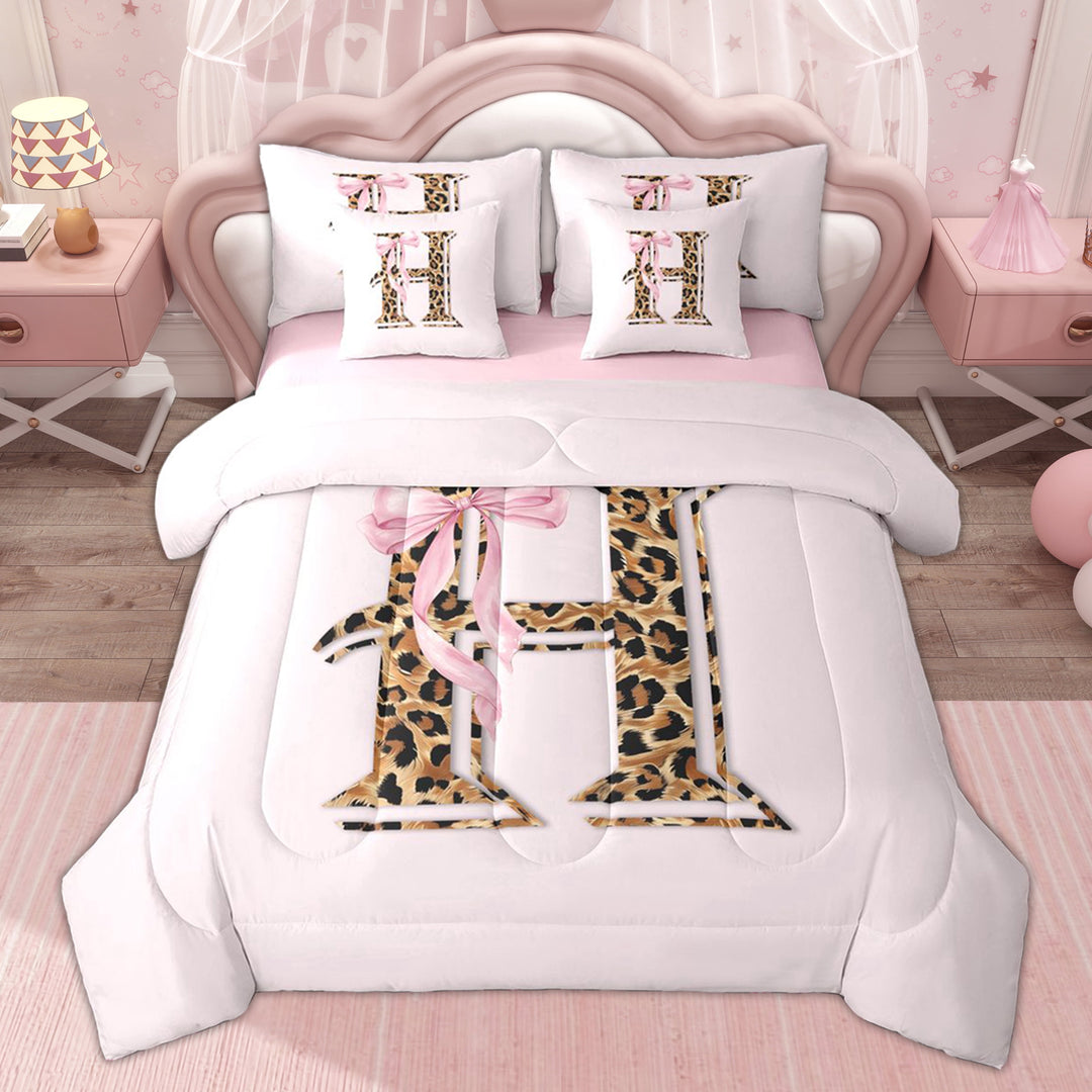 Erosebridal Kid Bowknot H Letter Twin Bedding Sets, Cheetah Animal Print Bedding Comforter Set, Pink Reversible, 7pcs