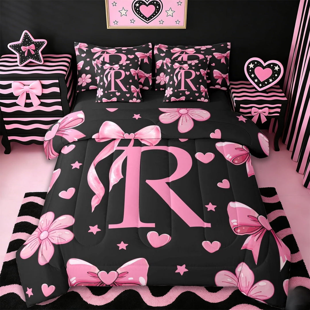 Erosebridal Pink Bows Girls 7-Piece Twin Bedding Sets,Letter R Monogrammed Bedding Comforter Set For Girls Kids,Reversible black