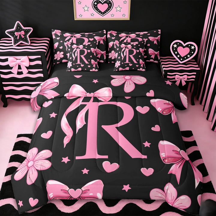 Erosebridal Pink Bows Girls 7-Piece Twin Bedding Sets,Letter R Monogrammed Bedding Comforter Set For Girls Kids,Reversible black