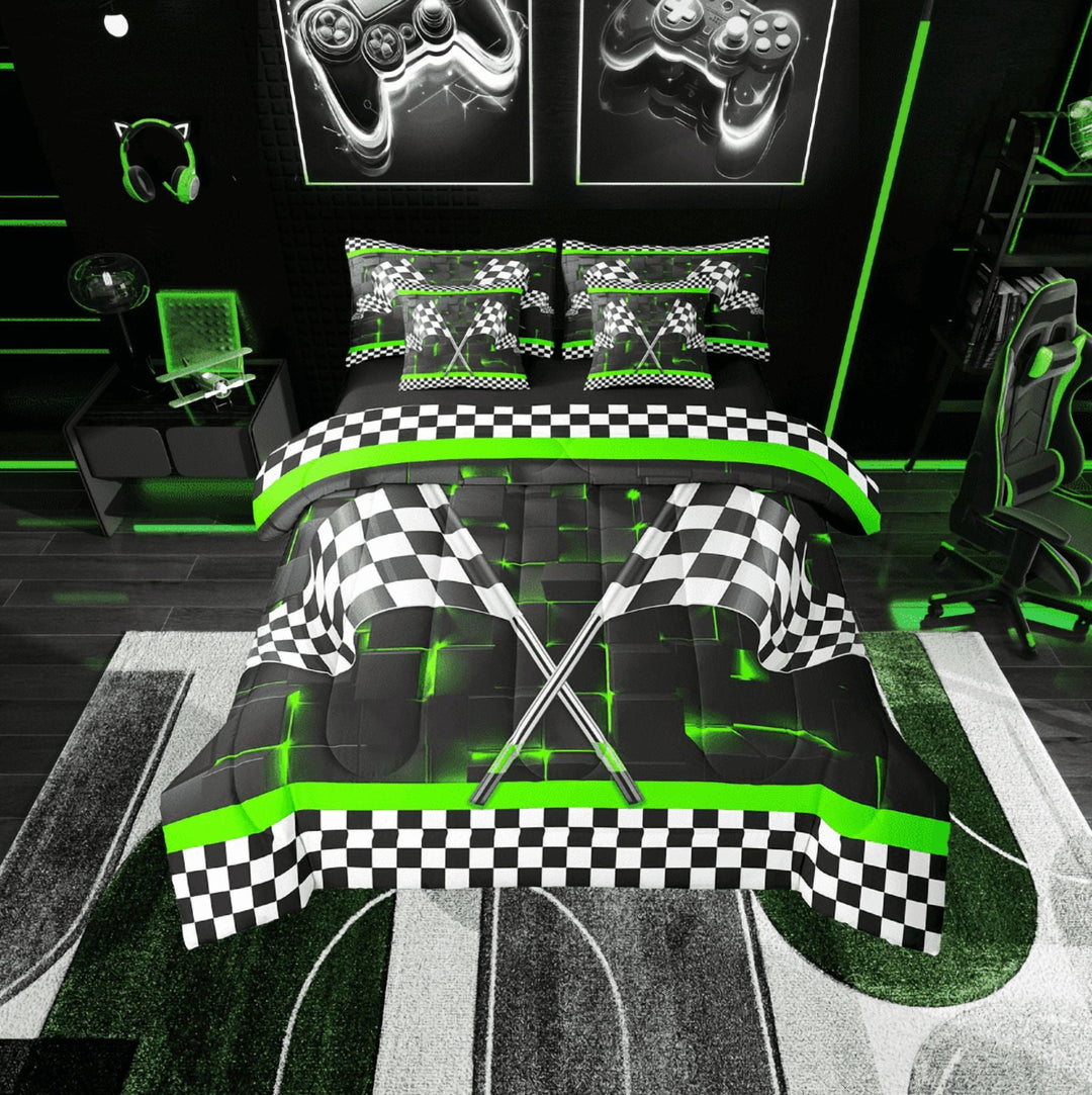 Erosebridal Racing Car Flag Bedding Sets Twin Size, Green Comforter Sets with Sheets, 3D Rectangle Decor, Reversible 7pcs