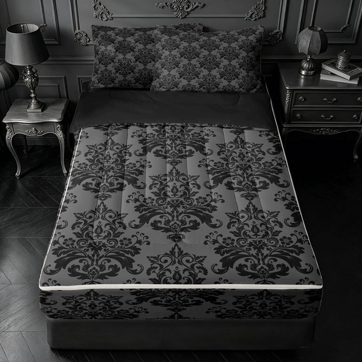 meiyoeat Black Rustic Damask Zipper Full Size Comforter Sets with Fitted Sheet and 2 Pillowcases,Vinatge Jacquard Flowers Zipper Bedding Set For Adults,Black Gray,Black Reversible,4pcs