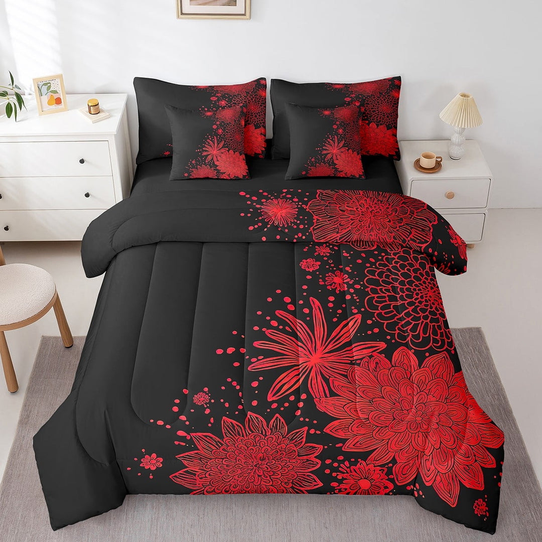 Aztec Dahlia Queen Bed in a Bag Lotus Flower Comforter Set with Sheets 7-Pieces All Season Red Black Modern Floral Bedding Sets with Flat Sheet,Fitted Sheet and Pillowcase
