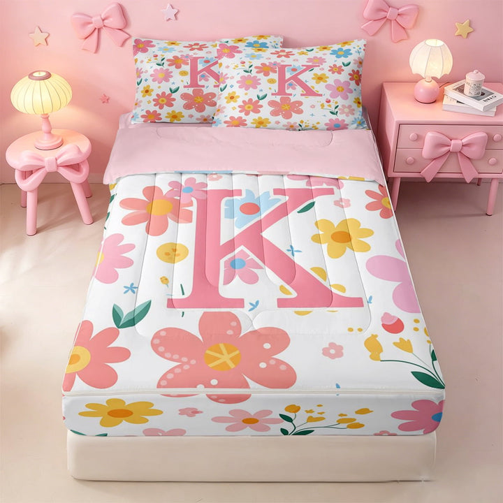 meiyoeat Pink Floral Monogrammed K Zipper Full Size Comforter Sets with Fitted Sheet and 2 Pillowcases For Girls,Cute Cartoon Flower Zipper Bedding Set For Kids,pink Reversible,4 Pieces